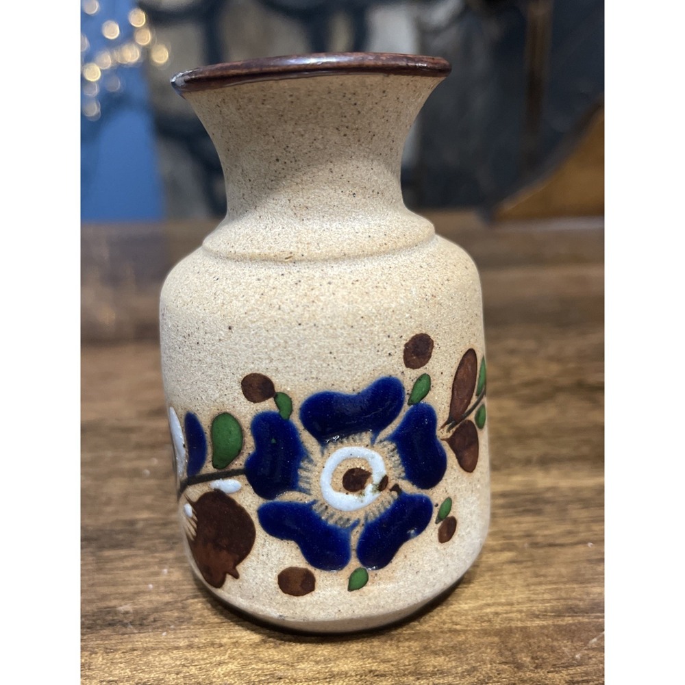 VTG Tonala Mexico Signed Pottery Flowers Blue Hand Painted Vase 4"